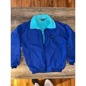 VTG 80s Patagonia Women's fleece lined  Bomber Jacket Blue Satin Size 14 USA MAD